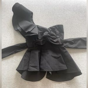 Beautiful one shoulder black bustier ruffle top with tie in back and cross front